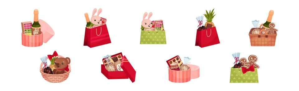 Present Baskets and Carton Boxes Full of Gifts Vector Set 스톡 일러스트