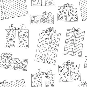 Present box black white sketch seamless pattern illustration vector Illustrazione stock