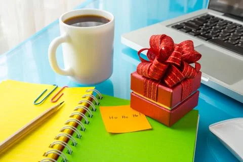 Present box with christmas message: ho ho ho! for holiday season Stock Photos