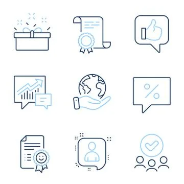 Present box, Developers chat and Like icons set. Discount message, Accounting Stock Illustration