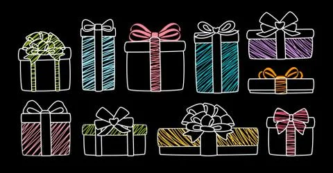 Present box flat chalk graphic gift set vector 스톡 일러스트