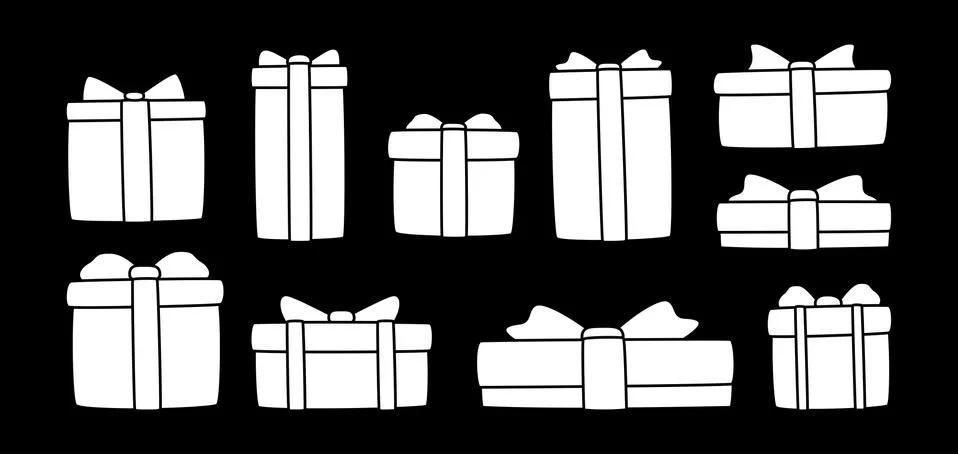 Present box flat white glyph set cartoon vector Stock Illustration