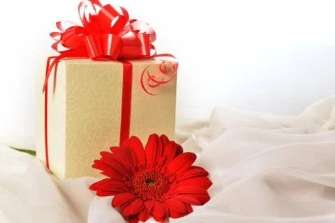 Present box with  gerbera Stock Photos