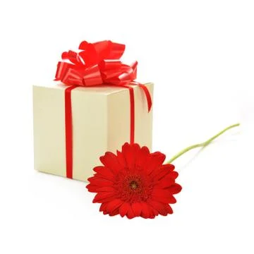 Present box with  gerbera Stock Photos