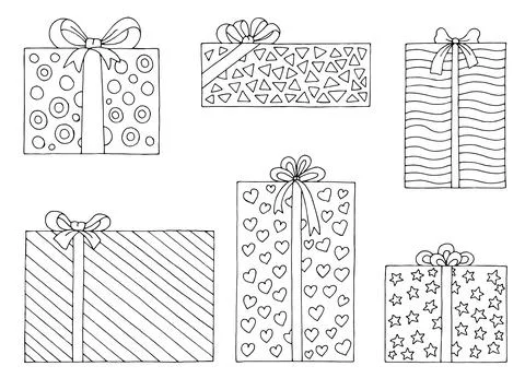 Present box graphic set black white gift isolated sketch illustration vector Illustrazione stock