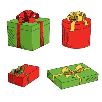 Present box graphic set green red yellow color isolated sketch illustration vect Stock Illustration