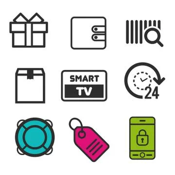 Present box icon. Smart TV symbol. Lifebouy icon. Price tag sign. 24h open an Stock Illustration