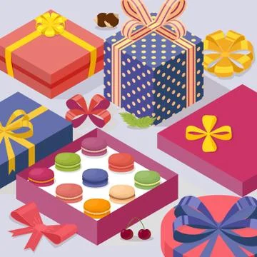 Present box with macarons, vector illustration. Decorative gift boxes in Ilustração Stock