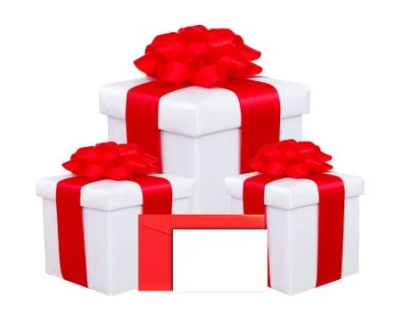 Present box with red bow and greeting card isolated on white Stock Illustration