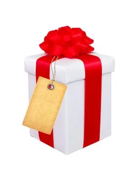 Present box with red bow and blank tag isolated on white Stock Photos