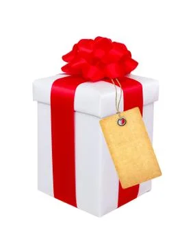 Present box with red bow and blank tag isolated on white Stock Photos