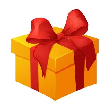 Present box with red bow, ribbon cute gift with wrapped paper, surprise in Stock Illustration