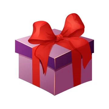 Present box with red bow, ribbon cute gift with wrapped paper, surprise in Stock Illustration