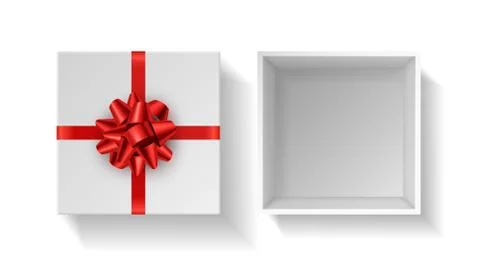 Present box with red bow. Top view gift white open case with red ribbon Illustrazione stock