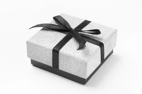 Present box with ribbon isolated on white background. Foto stock