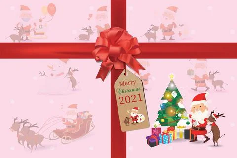Present box tie with red ribbon, With artwork of funny happy Santa Claus and  Stock Illustration