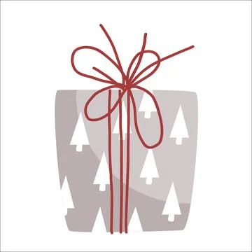 Present box with white tree ornament and red rope. Doodle hand drawn style Stock Illustration