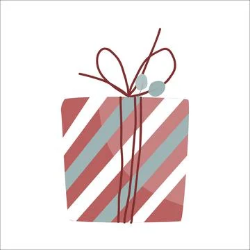 Present box wrapped in striped paper and decorated with red rope and eucalyptus Stock Illustration
