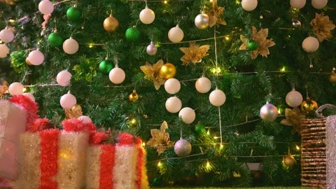 Present boxes and Christmas tree at night at horizontal composition Stock Footage 323373994