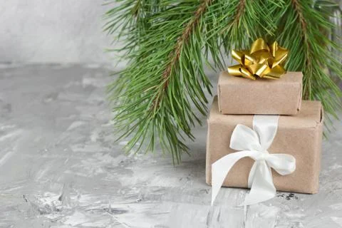 Present boxes and evergreen tree branches concrete background copy space Stock Photos