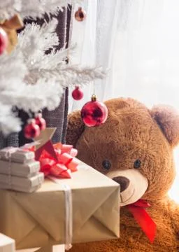 Present boxes for christmas and teddy Stock Photos