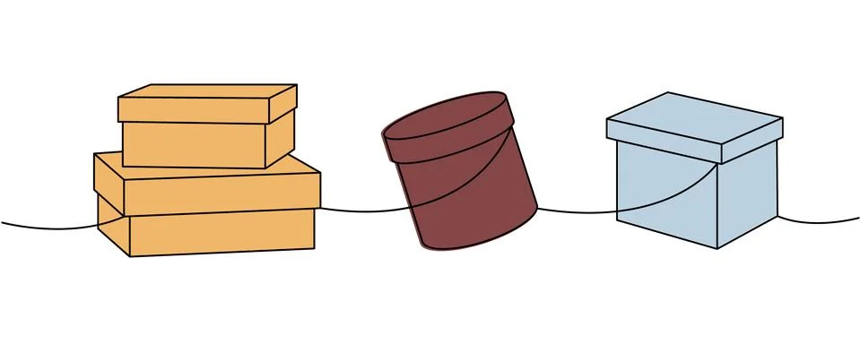 Present boxes one line colored continuous drawing. Carton delivery boxes. Vector Stock Illustration