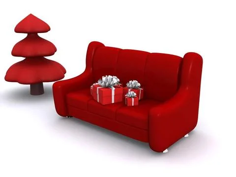 Present boxes on sofa and pinetree. 3d present boxes on sofa and pinetree.... Fotos Stock