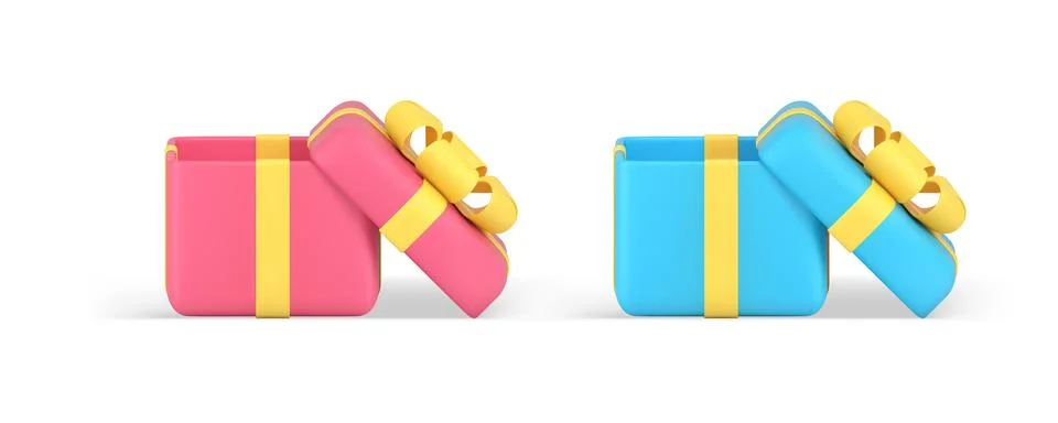 Present cardboard box wrapped container with open cap bow ribbon 3d icon set  Illustrazione stock