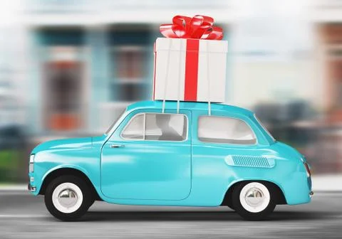 Present concept - Car carrying gift box. 3d rendering Illustrazione stock
