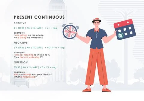 Present continuous. Rule for the study of tenses in English. The concept of t Stock Illustration