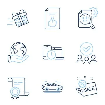 Present delivery, Approved document and Sale icons set. Car, Seo stats and Time Stock Illustration