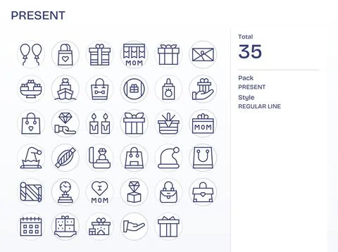 Present Design Vector Icons featuring 35 Editable Regular Line Style Stock Illustration