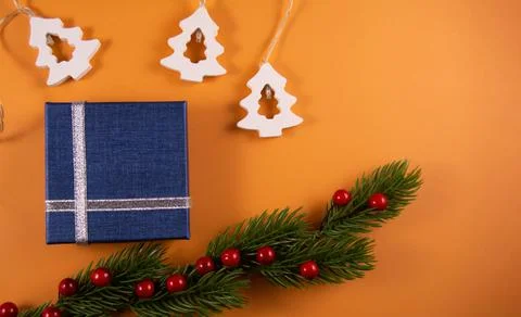 Present with garland in the form of tree and decorative branch Stock Photos