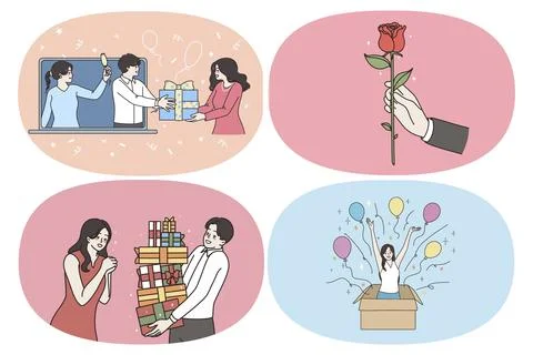 Present gift and surprise concept. Set of people making and taking gifts in Stock Illustration