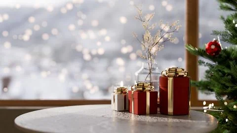Present gift box and vase on round marble table aside Christmas tree with s.. Stock Illustration