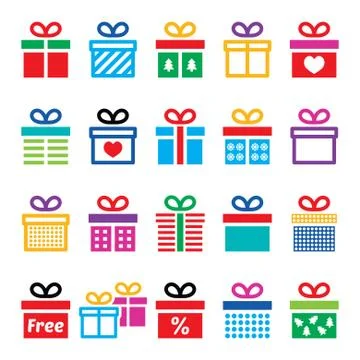 Present, gift box colorful vector icons set Stock Illustration