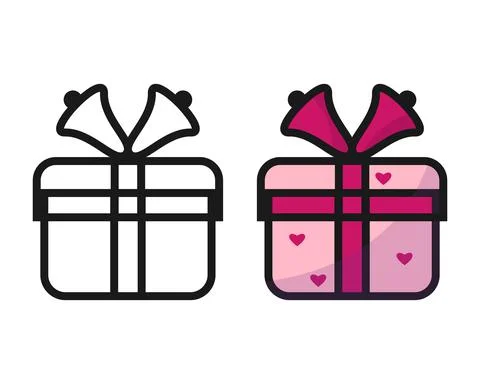 Present, gift box icons set. Flat cartoon design Vector. Black outline Stock Illustration