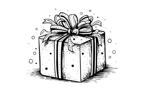 Present gift box with ribbon bow vector sketch. Vintage christmas icon. Stock Illustration