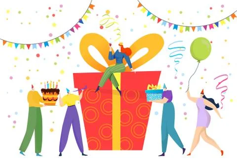 Present gift box, vector illustration. Happy birthday party, people character 스톡 일러스트