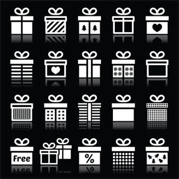 Present, gift box white icons on black Stock Illustration