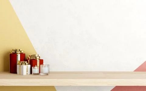 Present gift boxes and glass candles on wooden hanging floating shelf in wh.. Stock Illustration