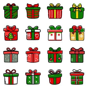 Present Gift Boxes Bows Giving Christmas Set Red and Green illustration vect Stock Illustration