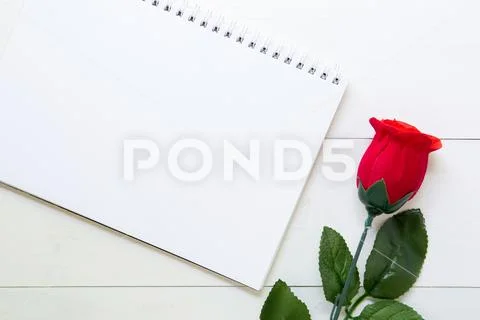 Present gift with red rose flower and notebook on wooden table, 14 February o Stock Photos