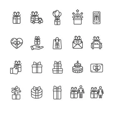 Present Gift Signs Black Thin Line Icon Set. Vector Stock Illustration