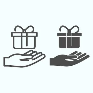 Present giving line and solid icon. A present on a hand vector illustration イラスト素材