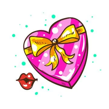 Present heart shaped gift box with ribbon bow and kiss isolated on white Stock Illustration