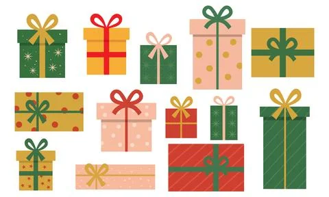 Present icon. Gift box icon set. Flat style gifts collection for New Year, .. Stock Illustration