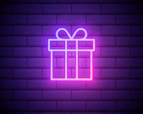 Present neon light icon. Gift store glowing sign. Vector isolated illustratio Stock Illustration
