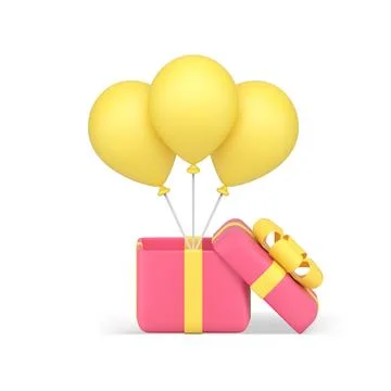 Present open gift box with helium air balloon holiday greeting celebration su Illustrazione stock