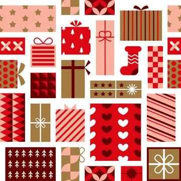 Present pattern. Xmas gift box with geometric red bow ribbon, wrapper birthda Stock Illustration